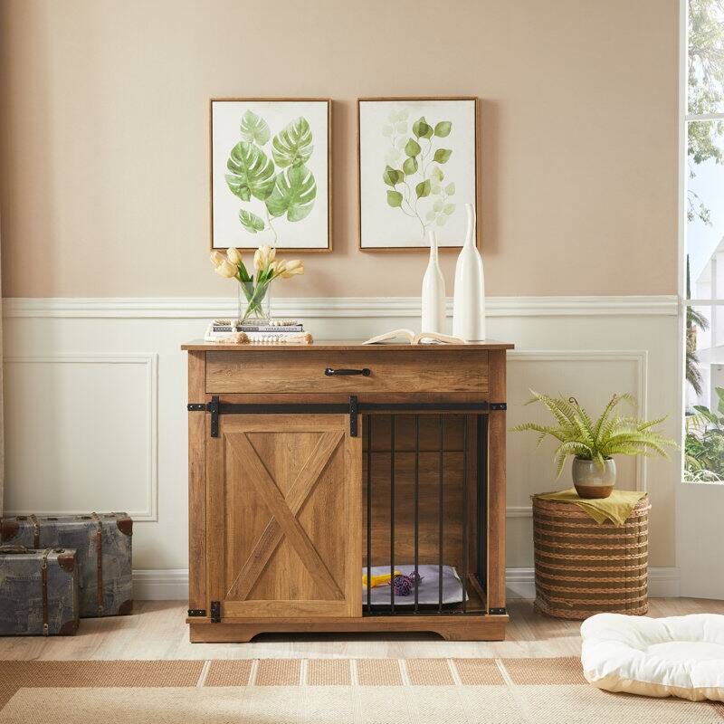 Wood Dog Crate Furniture With Barn Door And 1 Drawer - Rustic Oak