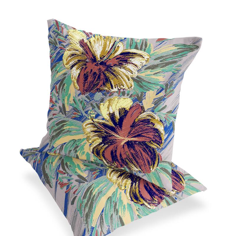 HomeRoots Set of Two 16" X 16" Green and Yellow Blown Seam Floral Indoor Outdoor Throw Pillow - 16.00' X '16.00' X '5.00