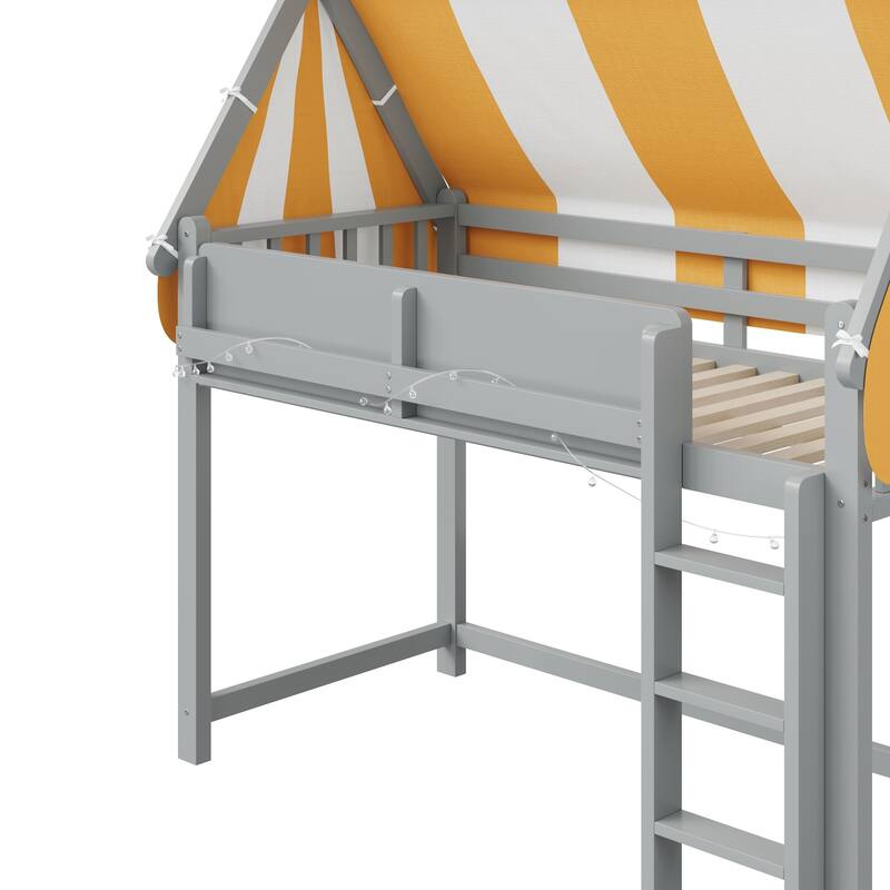 Loft Bed with Bright Yellow White Canopy, House-shaped Bed Frame Design with LED String Lights and Front Display Bookshelf