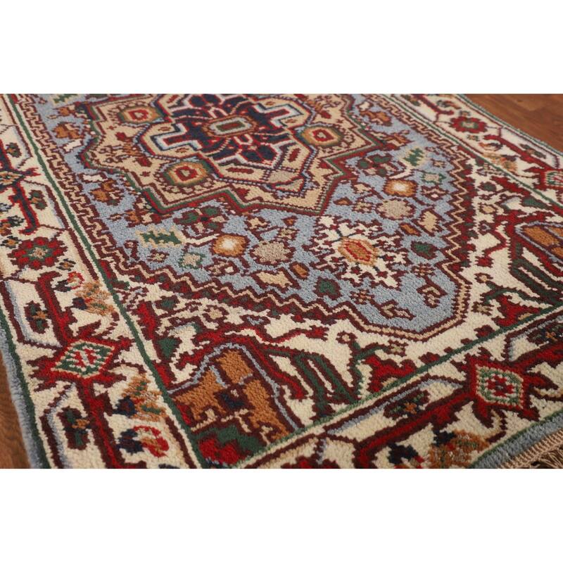 Geometric Blue Heriz Serapi Oriental Accent Rug Handmade Wool Carpet - 3'2" X 5'0"