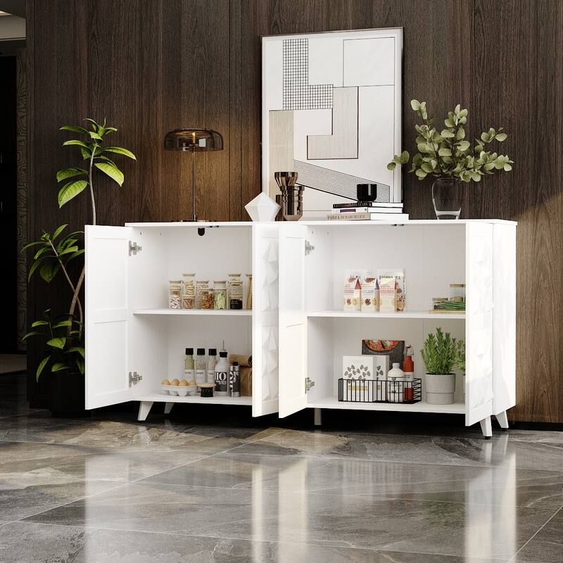 Geometric 4-Door Sideboard Buffet Cabinet with Adjustable Shelves, White Finish