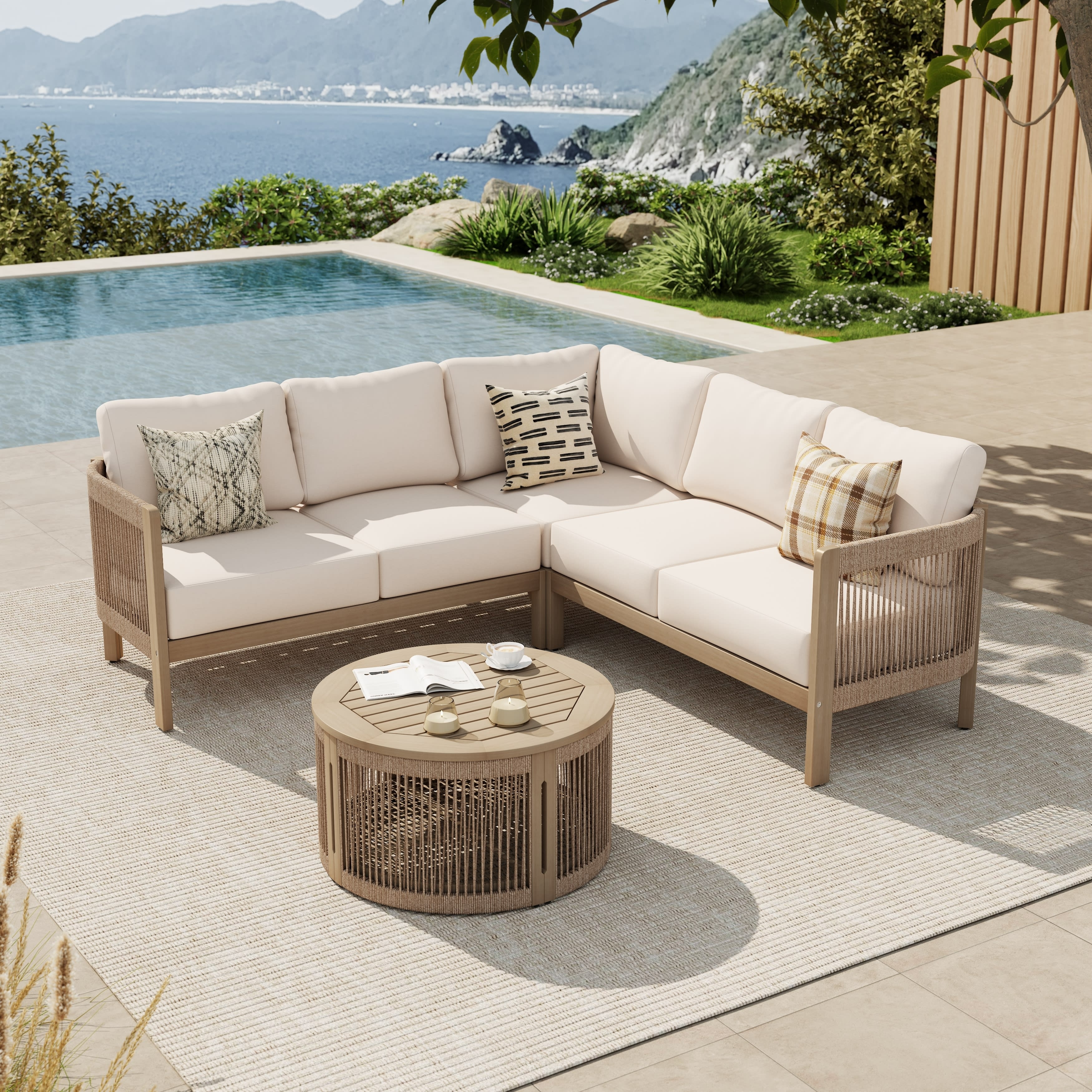 その他 Sofa With Table For sale Outdoor 4-Piece Conversation Set Solid Acacia Wood L-Shaped