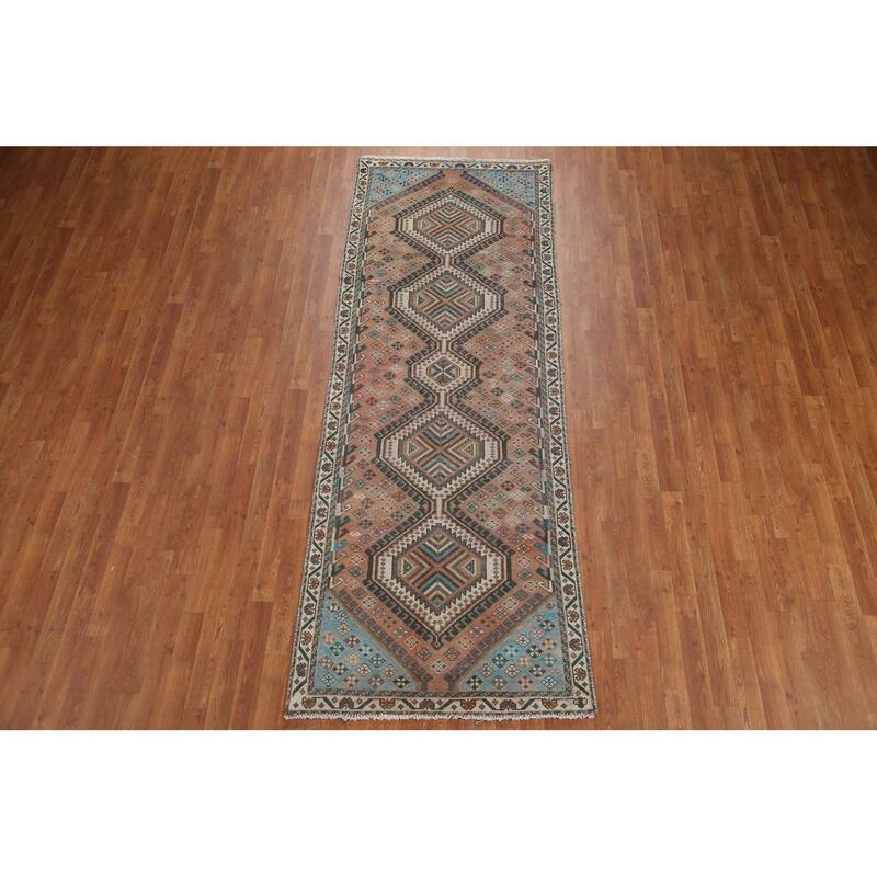 Hand Knotted Oriental 100% Wool Carpet Traditional Geometric Oranges & Rust Bakhtiari Runner Rug - 9' 10'' X 3' 6''