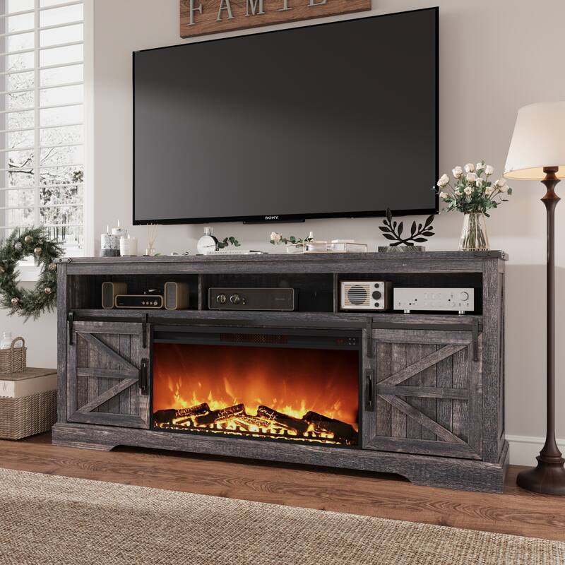 Fireplace TV Stand,Farmhouse Entertainment Center w/Sliding Barn Door