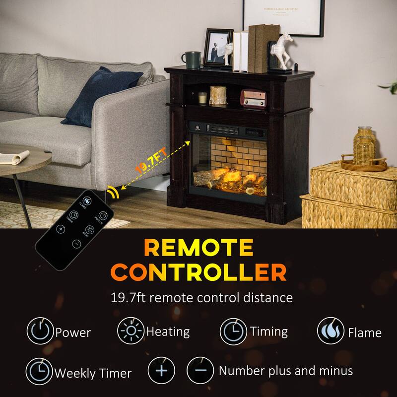 32" Electric Fireplace with Wooden Mantel, Shelf, Remote Control, Dimmable LED Flame, Brown