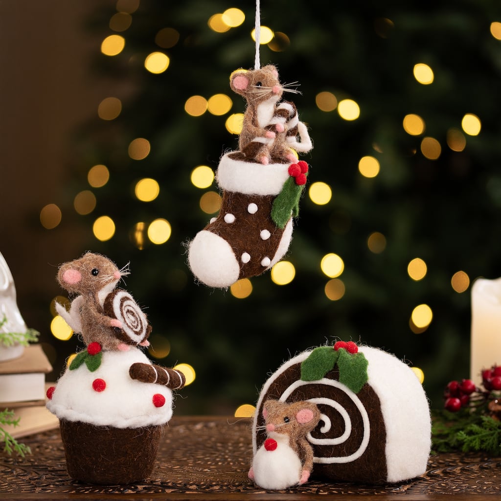 Mice with Cake and Candies Christmas Decorations - 7" - Brown and White - Set of 3