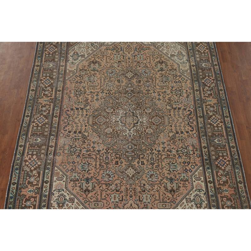 Geometric Tabriz Vintage Persian Area Rug Hand-Knotted Wool Carpet - 6'8" x 9'10"