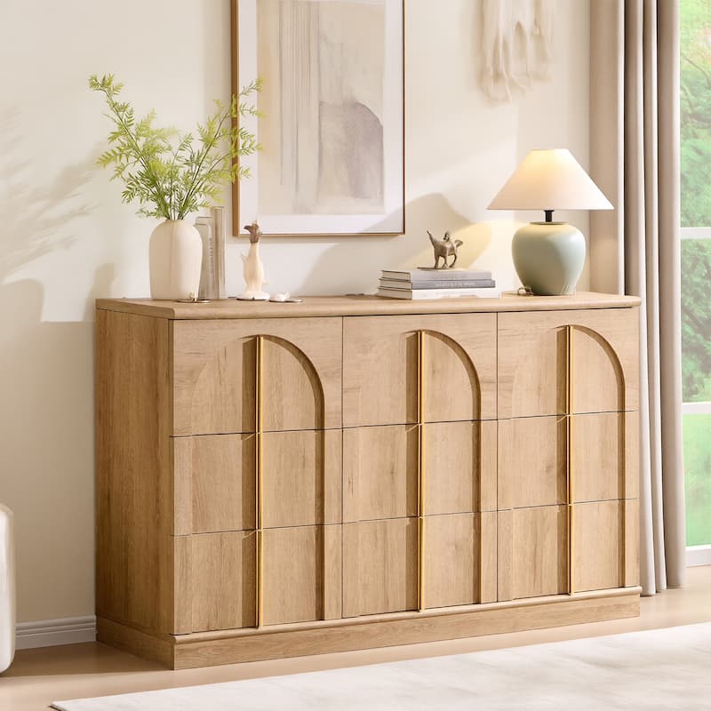 Modern Arched 9 Drawers Dresser, Wood Chest of Drawers for Living Room - Oak