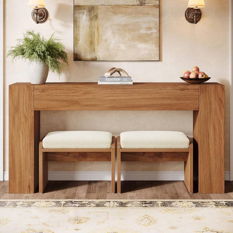 23.62 Inches Brown Engineered Wood Vanity Stool, Upholstered Ottoman Bench