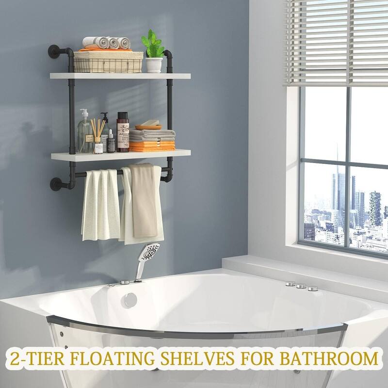 Industrial Pipe Floating Bathroom Shelves Wall Mounted with Towel bar - 7.8"D x 15.7"W x 25.6"H - White