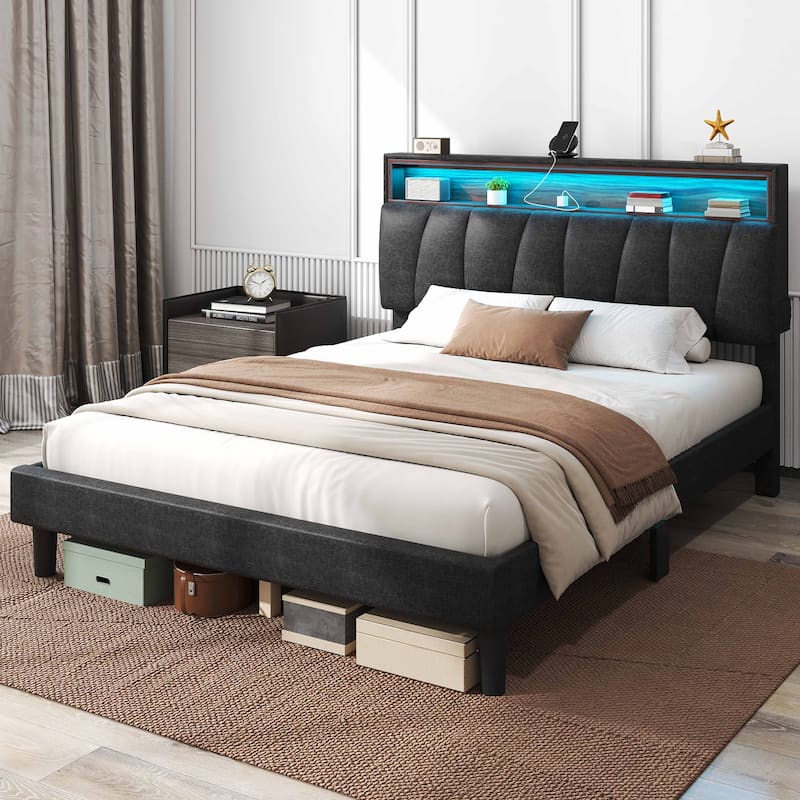 LED Bed Frame with Storage Headboard and Charging Station - Grey - Queen