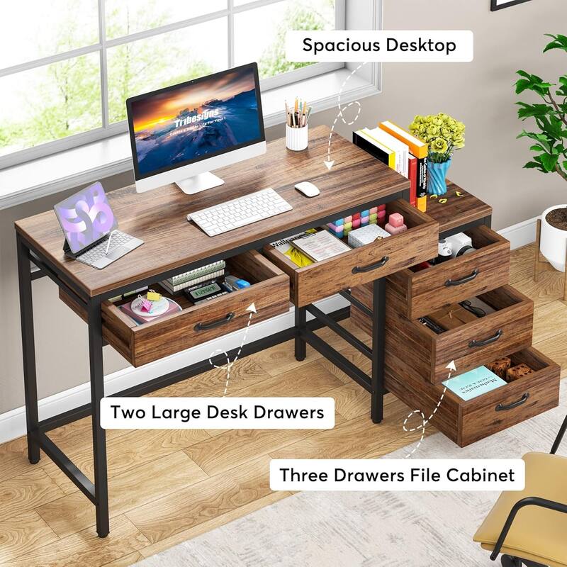 51" Reversible Computer Desk with 5 Drawers and File Cabinet, Office Desk with Printer Stand, Writing Table with Storage