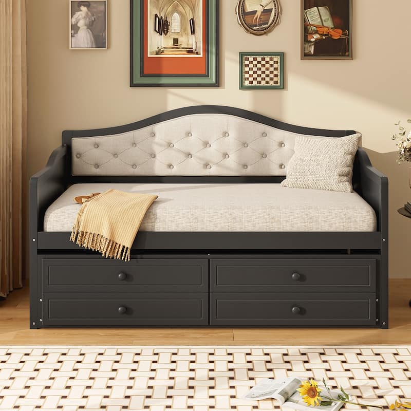Twin Daybed with Trundle, Twin Size Daybed with 2 Storage Drawers, Wooden Sofa Bed with Upholstered Button Tufted Backrest
