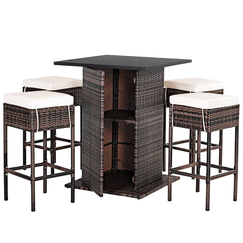 5 PCS Outdoor Rattan Bar Set Patio Bar Furniture with Cushions Stools - Beige