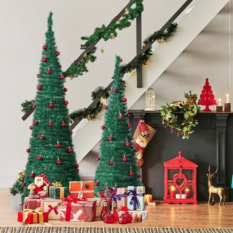 2 Pack, 6FT 5FT Artificial Pop Up Christmas Tree with Red Ball Ornaments for for Home Office Store Holiday Deco, Green