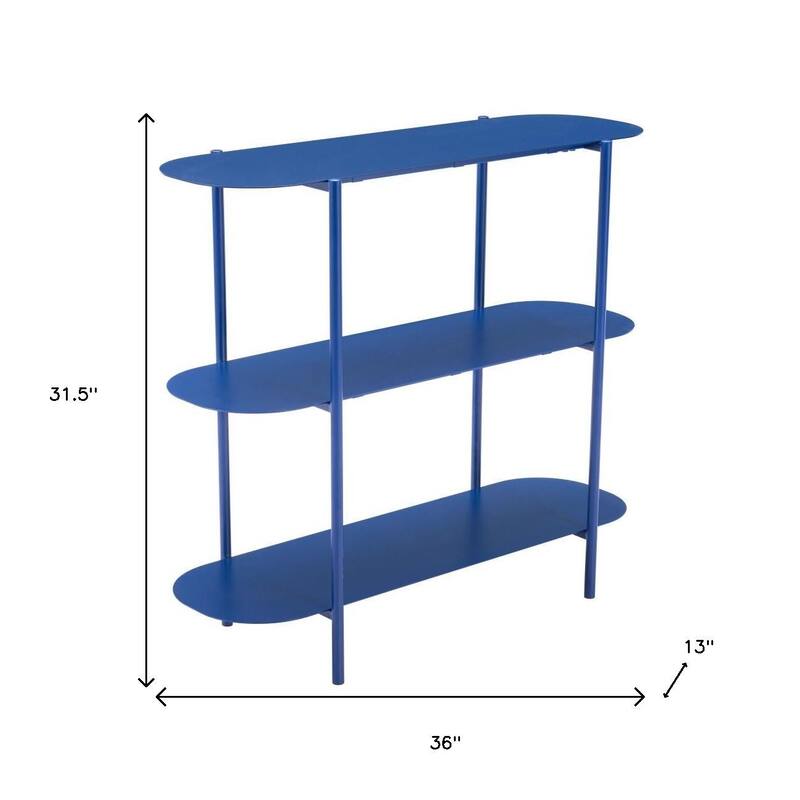 HomeRoots 36" Blue Steel Oval Console Table With Two Shelves - 36.00 in. x 31.50 in. x 13.00 in.