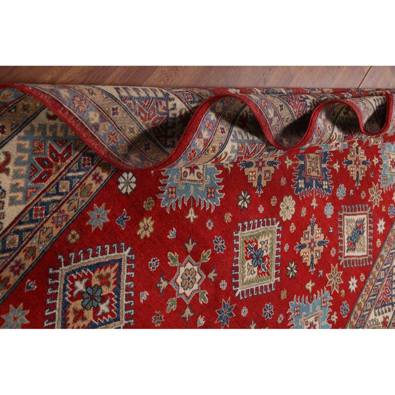 Geometric Red Kazak Area Rug Hand-Knotted Wool Carpet - 6'5" x 9'10"