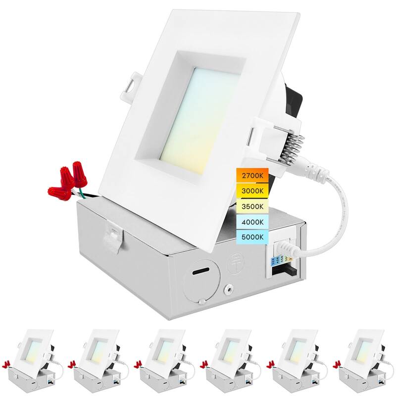 Luxrite 4" Square LED Recessed Ceiling Light J-Box 15W 5 Color Selectable 1300LM Dimmable Wet Rated ETL 6 Pack - 6 Pack - 6 Pack