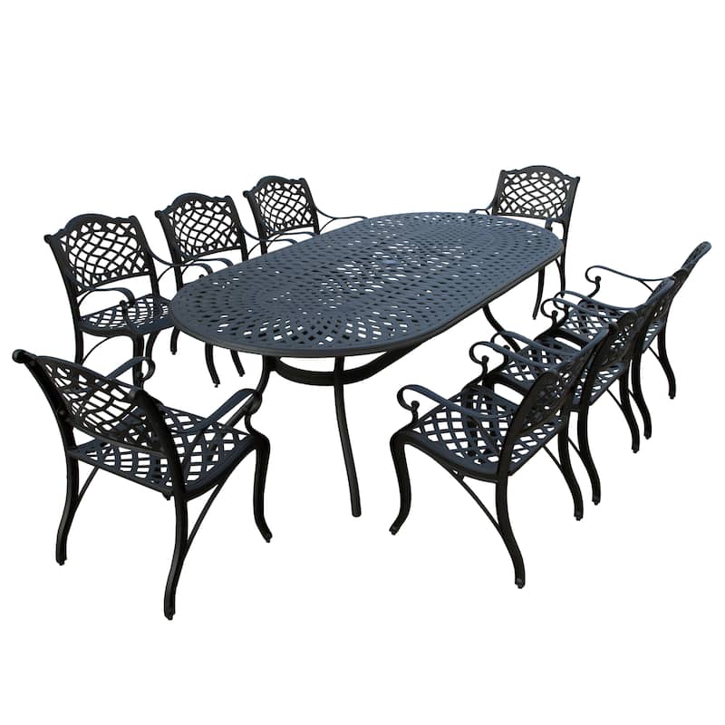 Modern Outdoor Mesh Lattice Aluminum 95-in Large Oval Patio Dining Set with Eight Arm Chairs - N/A - Black