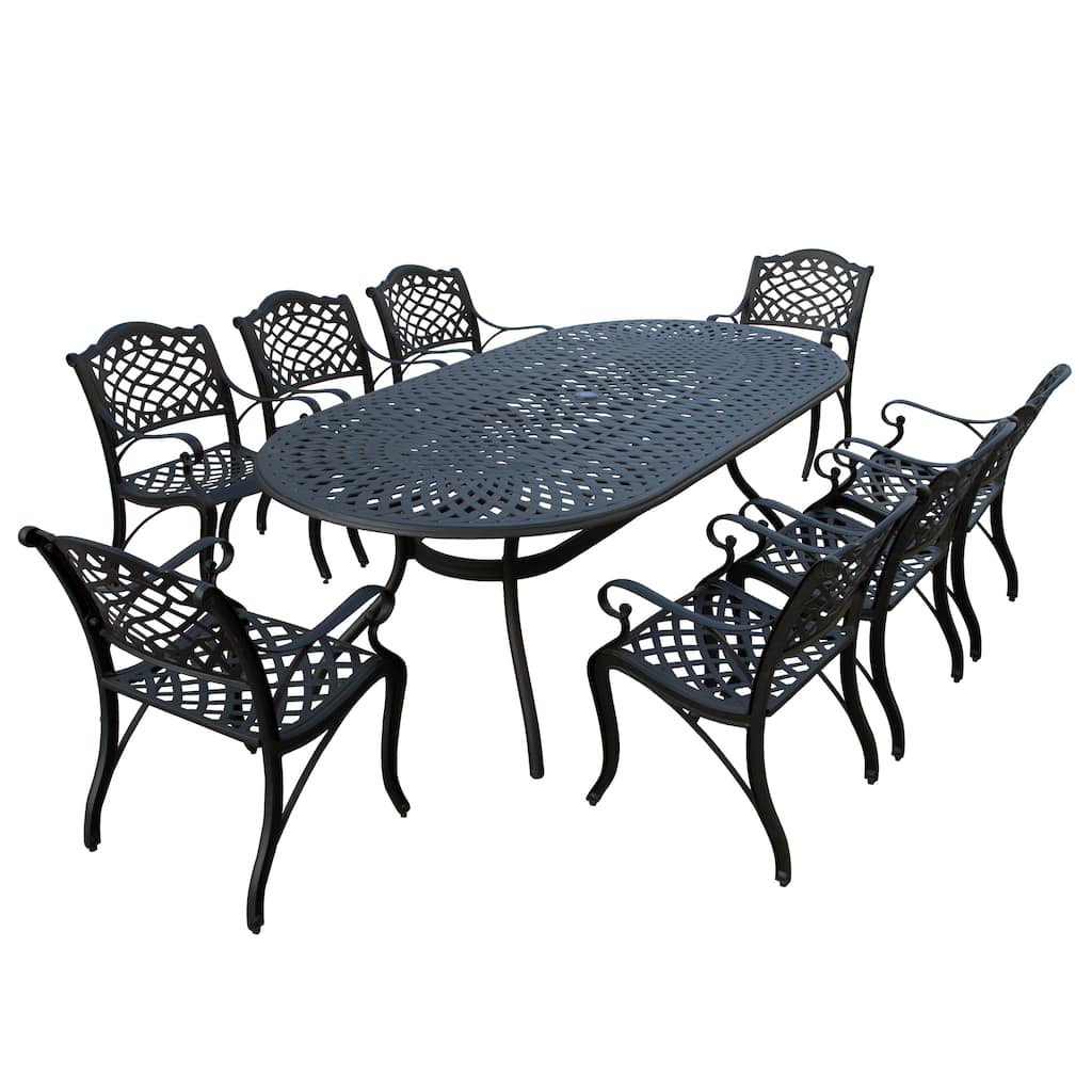 Modern Outdoor Mesh Lattice Aluminum 95-in Large Oval Patio Dining Set with Eight Arm Chairs