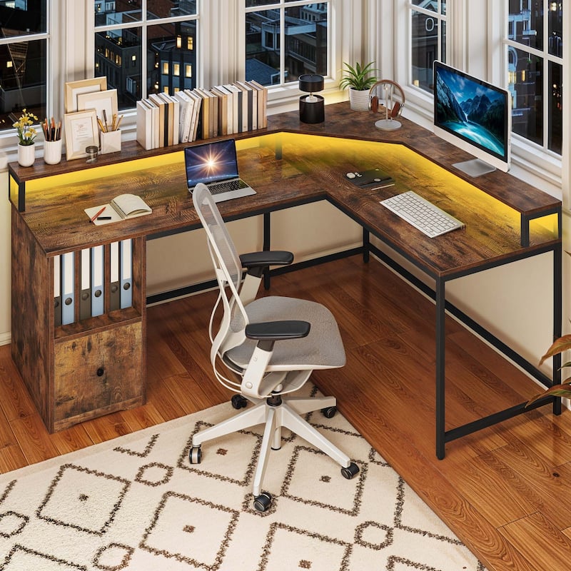 Moasis 66" L Shaped Corner LED Computer Desk with Cabinet and Power Outlets