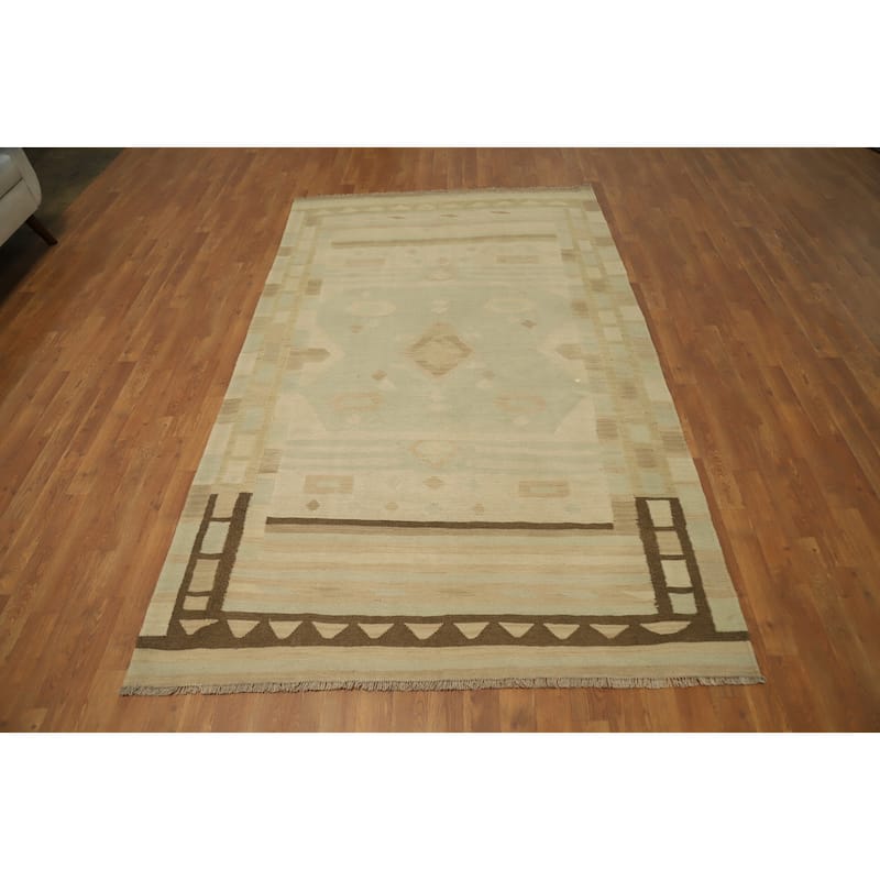 Hand Woven Oriental 100% Wool Carpet Southwestern Tribal Green Kilim Area Rug - 8' 5'' X 5' 2''