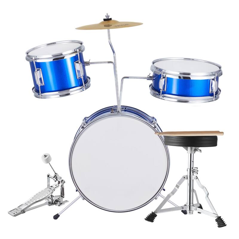 Kids Drum Set, 3-Piece, 14 in Beginner Drum Set with Adjustable Throne Cymbal Pedal Two Pairs of Drumsticks - 14 in - Blue