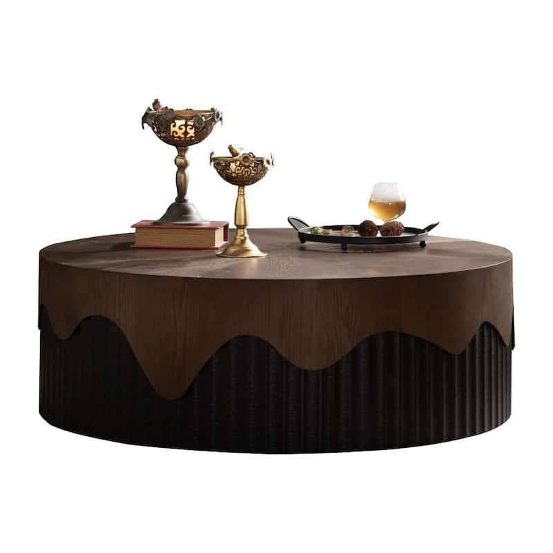 Handcrafted Relief Sturdy Circular Coffee Table Wooden Tea Table for Living Room