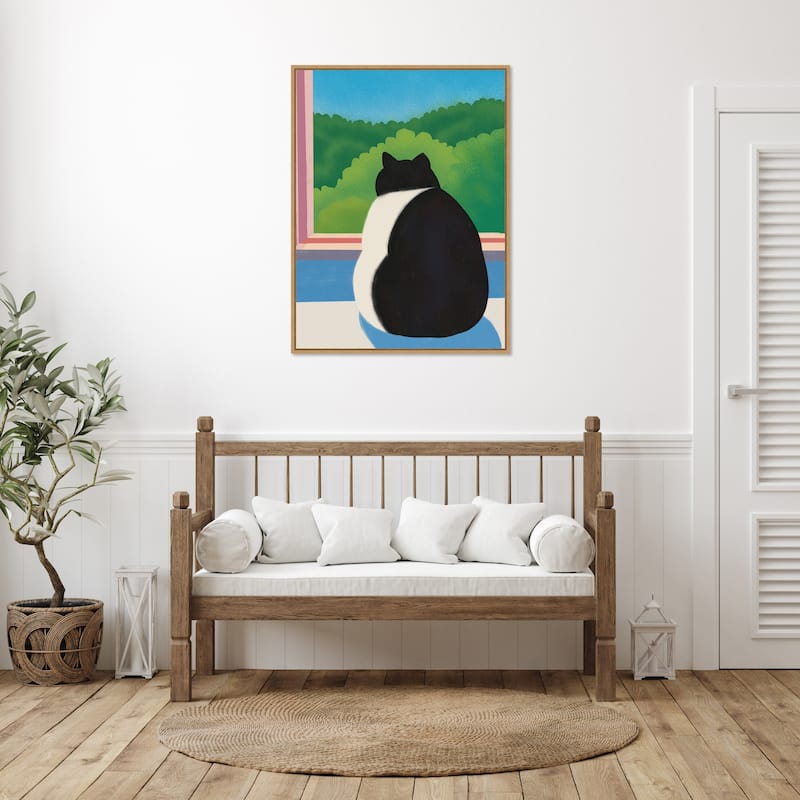 Fat Cat Looking out the Window by Little Dean Framed Canvas Wall Art