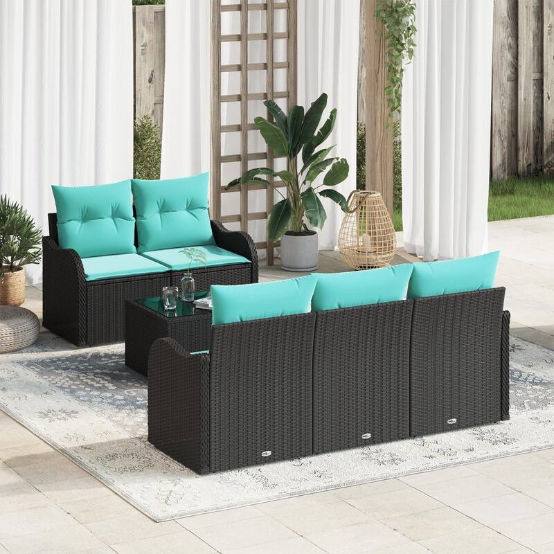 vidaXL 6 Garden Sofa Set with Cushions Black/Brown/Grey Poly Rattan - 69.3 x 24.4 x 27.2 - Black