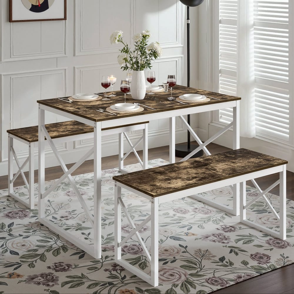 55" Dining Table with Benches Kitchen Table set for 4 Rectangular Dining Room Table Set with 2 Metal Wood Benches