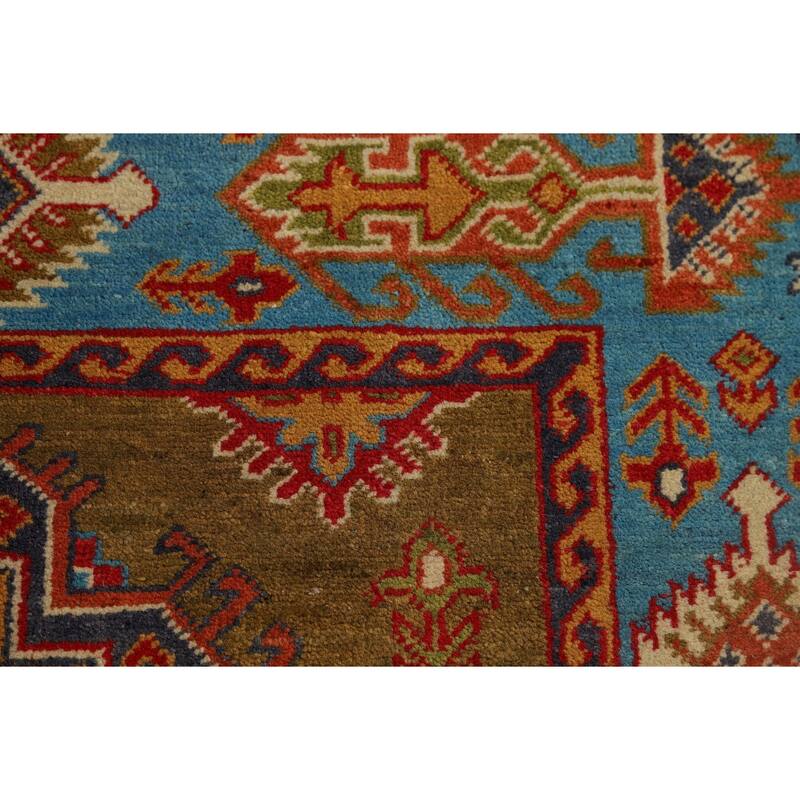 Kazak Accent Rug Handmade Yellow Geometric Wool Carpet - 3'4" x 4'10"