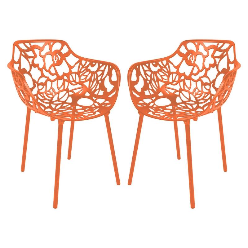 Devon Modern Floral Cutout Dining Chair with Integrated Armrest Stackable Aluminum Frame UV-Resistant Patio Chair Set of 2 - Orange