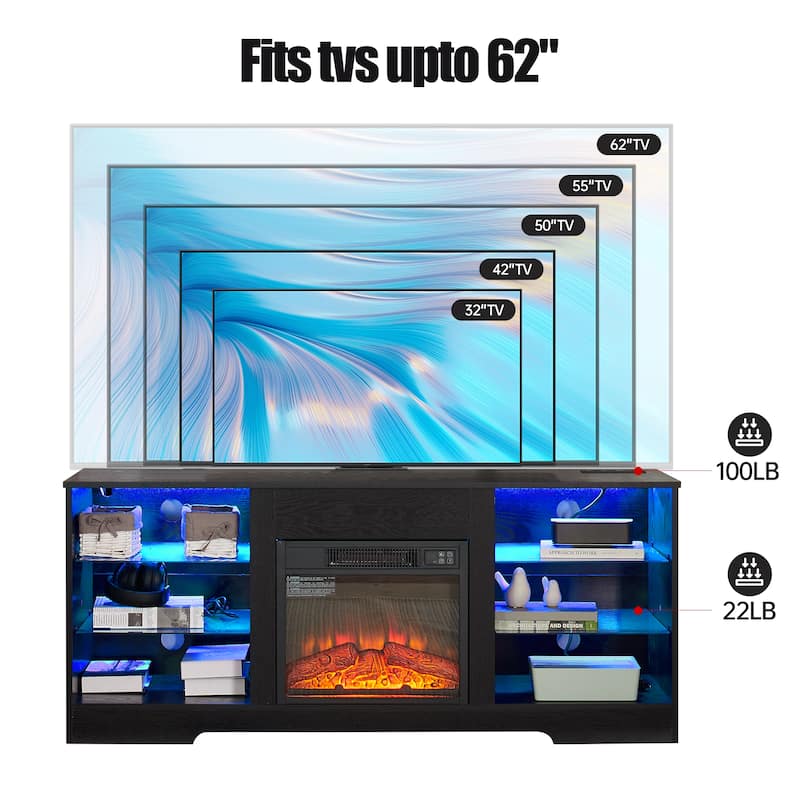 Modern 3D Fireplace TV Stand with USB Ports, LED Color Options, and Glass Storage Shelves for TVs 32-62'' - Black