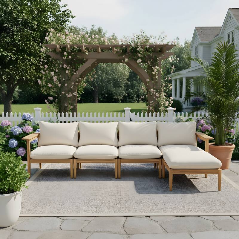 Roomfitters Terassi Outdoor Sectional Sofa L-Shape Solid Acacia Wood Modular Seating, Light Teak Beige - Beige,Light Teak