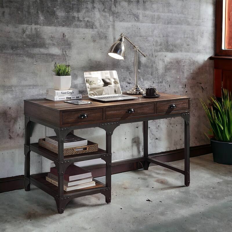 Modern 3-Drawer Writing Desk with Iron Base and Open Storage Compartments for Office or Study Room Organization
