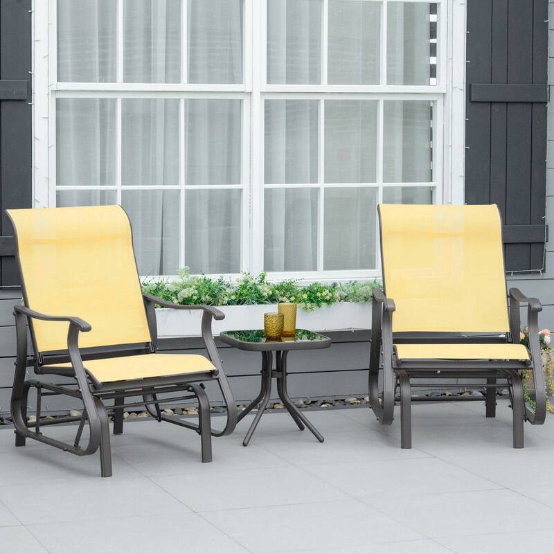 3-Piece Patio Glider Chair Set with Tempered Glass Side Table, Steel Frame Outdoor Rocking Chairs with Mesh Fabric for Porch