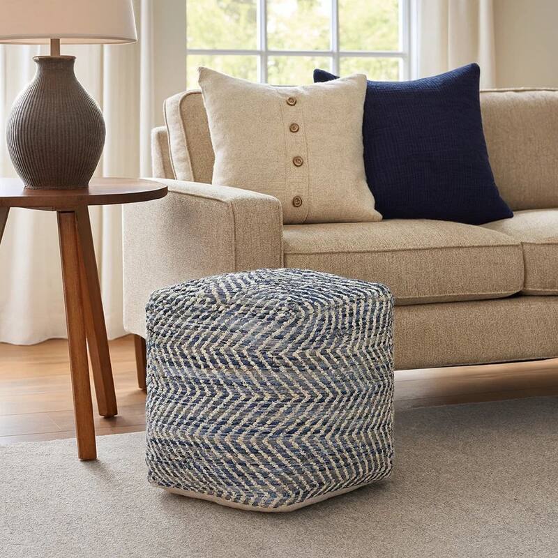 Fabric Round Shaped Pouf with Chevron Pattern, Blue