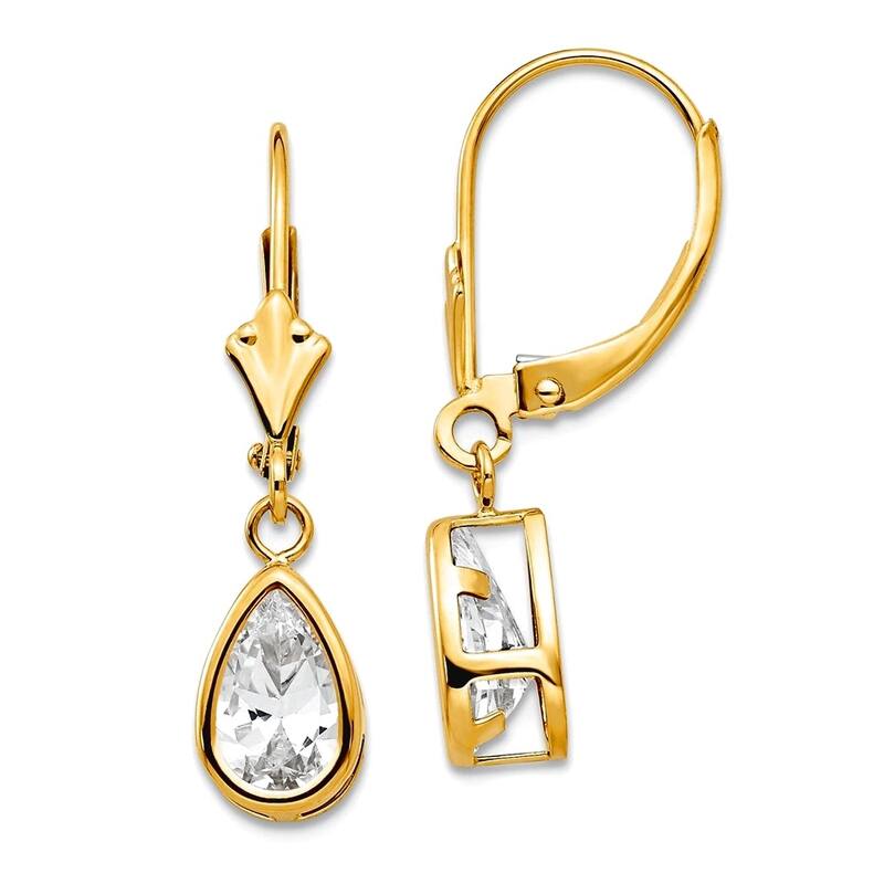 Curata 14k Yellow Gold 8x5mm Bezel Pear Gemstone Leverback Earrings - 26x7mm - Cubic Zirconia