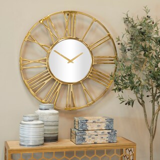 Gold Aluminum Open Frame Geometric Wall Clock with Mirrored Glass Center