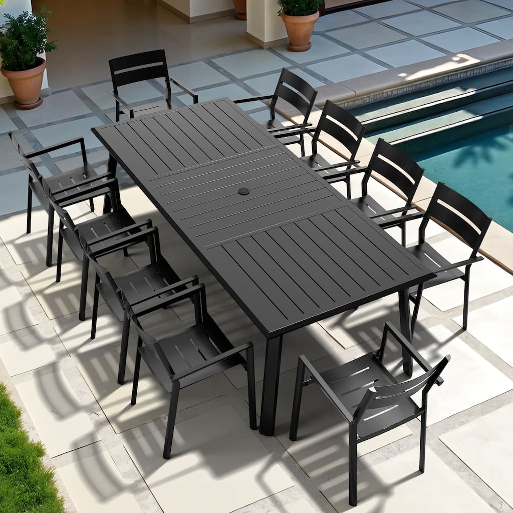 11PC Patio Outdoor Dining Set All-Aluminum Umbrella Hole Table with Aluminum Stackable Chairs