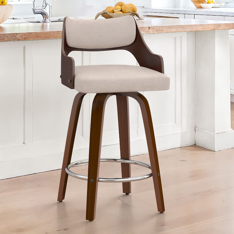 26.in Counter Height Stool Swivel Wooden Faux Leather Bar Stool with Curved Back - Tan Color - Single