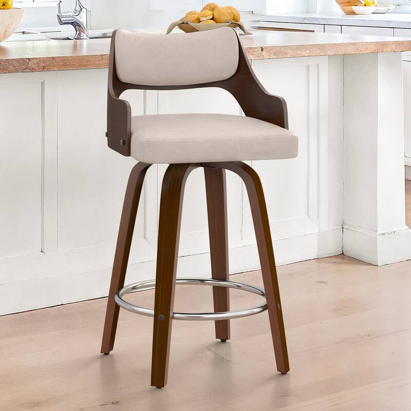 Modern Swivel Bar Stools with Curved Wood Back Upholstered Armrest Counter Stool - Tan Color