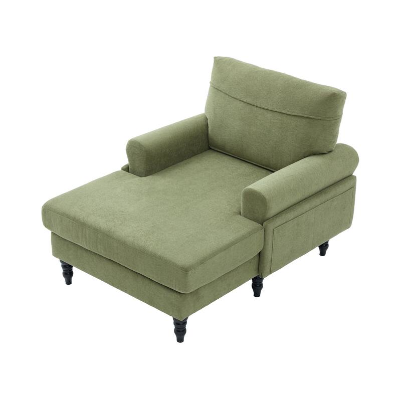 Modern Chaise Lounge Single Sofa Chair, Chenille Fabric Recliner Armchair with Side Pockets and Wooden Legs