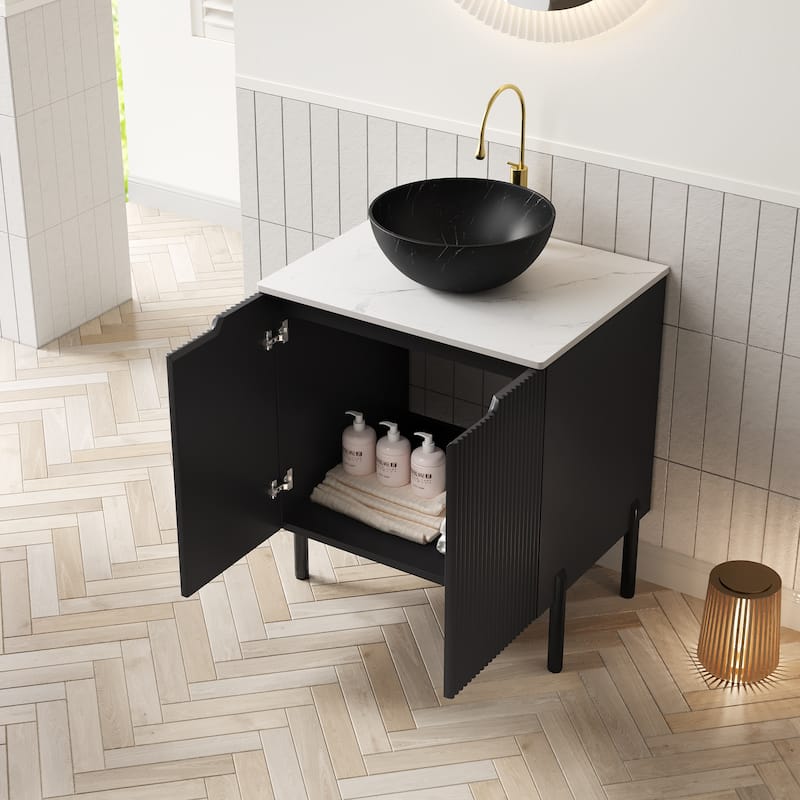 24" Bathroom Vanity with Sink, Freestanding Bathroom Storage Cabinet with 2 Doors, Black Bowl Ceramic Basin with Stone Pattern