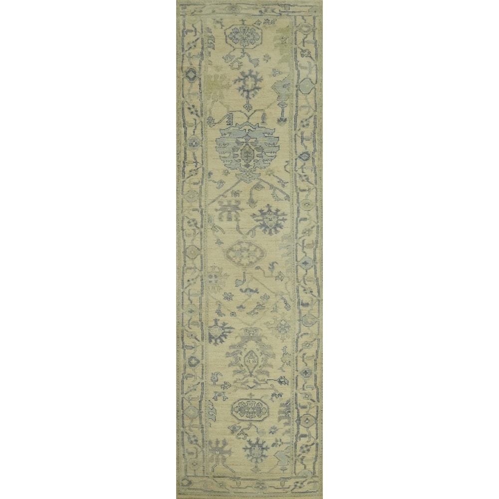 Vegetable Dye Wool Oushak Turkish Runner Rug, Floral Geometric Carpet - 12' 1'' X 2' 9''