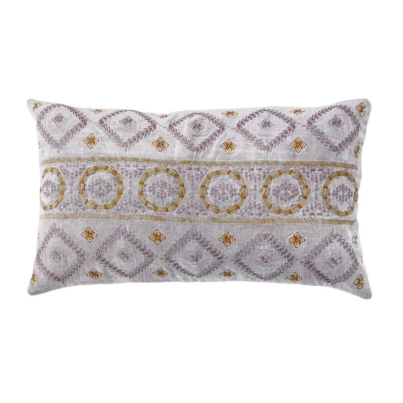 Cotton Velvet Lumbar Pillow with Embroidery - Cotton - Single - 24.0"L x 14.0"W x 2.0"H - Accent - Purple