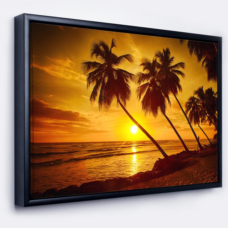 Designart "Beach Sunset in Island Barbados" Modern Seascape Framed Canvas Artwork Print - 20 in. wide x 12 in. high - Black