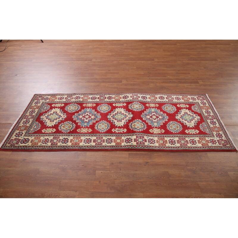 Hand Knotted Oriental 100% Wool Carpet Traditional Geometric Red Kazak Runner Rug - 6' 8'' X 2' 9''