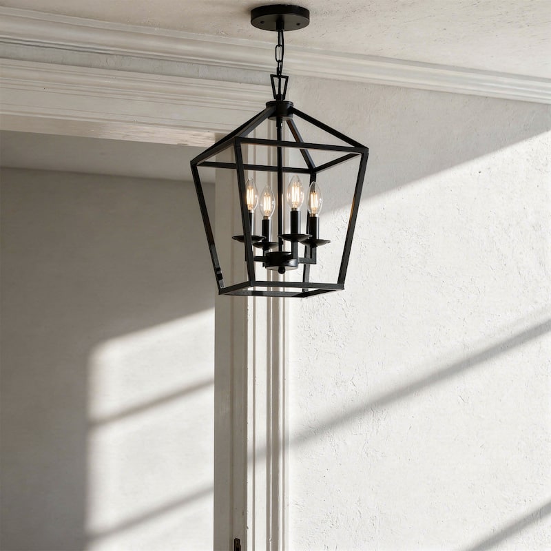 4 Light Matte Black Lantern Pendant - 12"x12"x18"